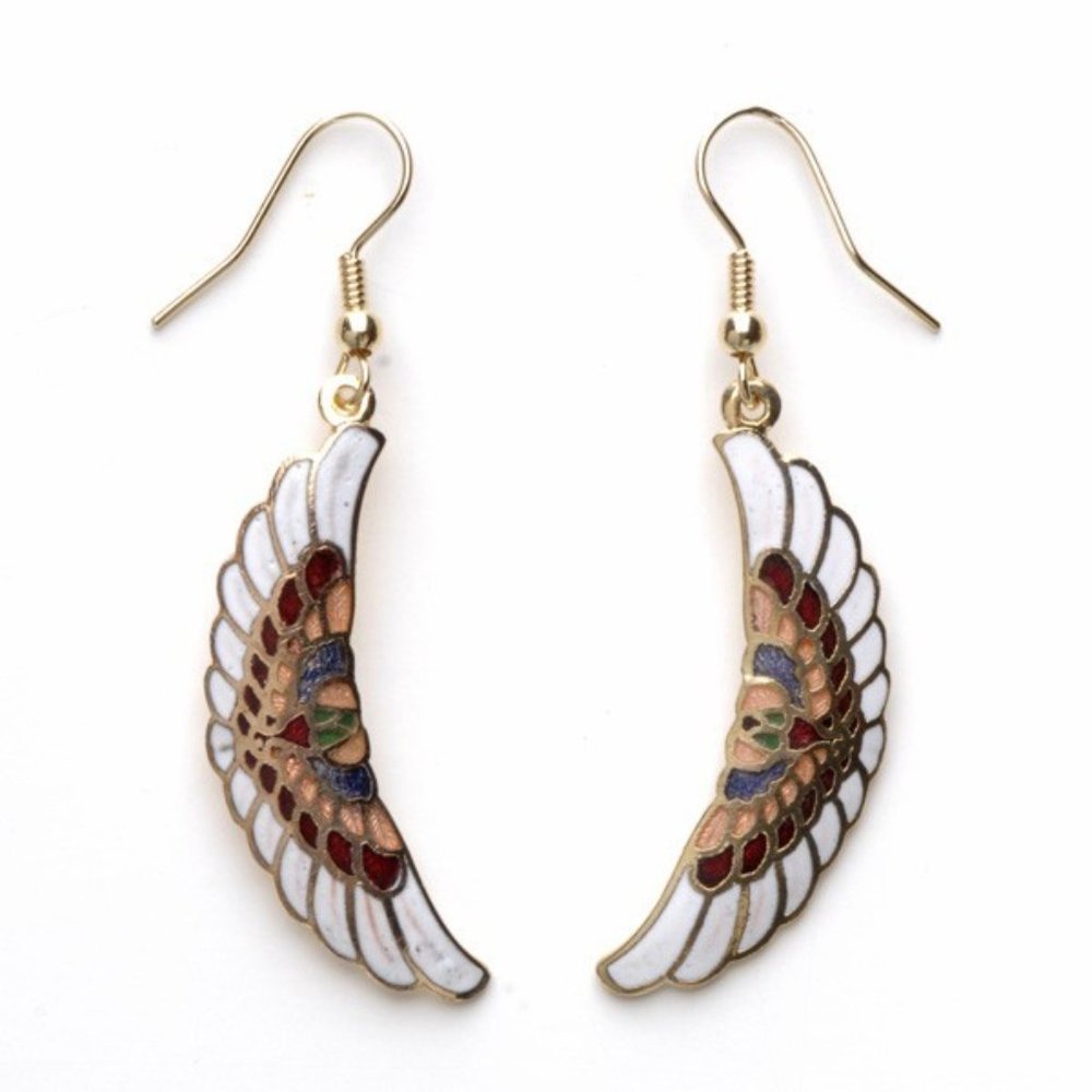 Vintage Cloisonne Enamel Feather Style Earrings White
